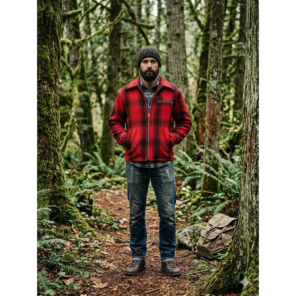 Vintage Johnson Woolen Mills Red Black Plaid 100% Wool Zip Up Jacket Mens L